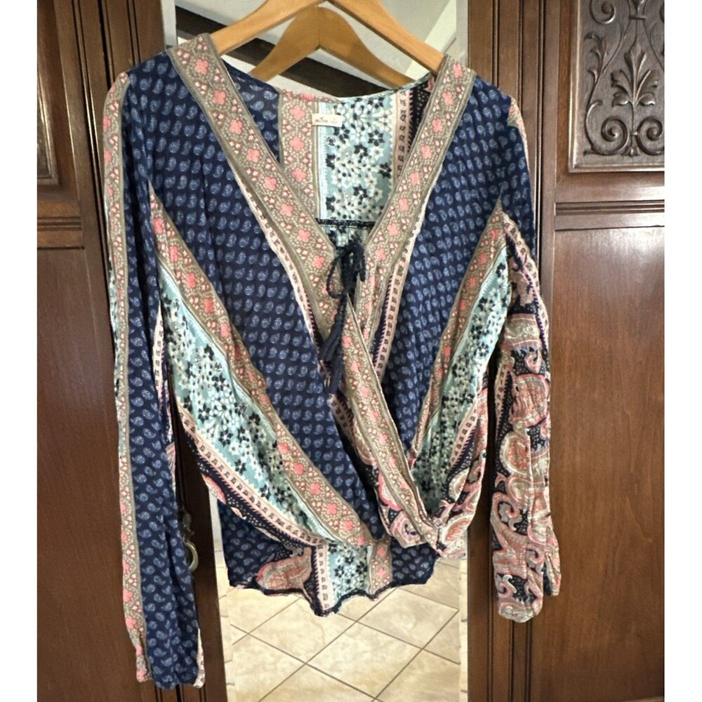 Hollister Boho Wrap Blouse Mixed Print Paisley Floral Tassel Tie Navy Large L